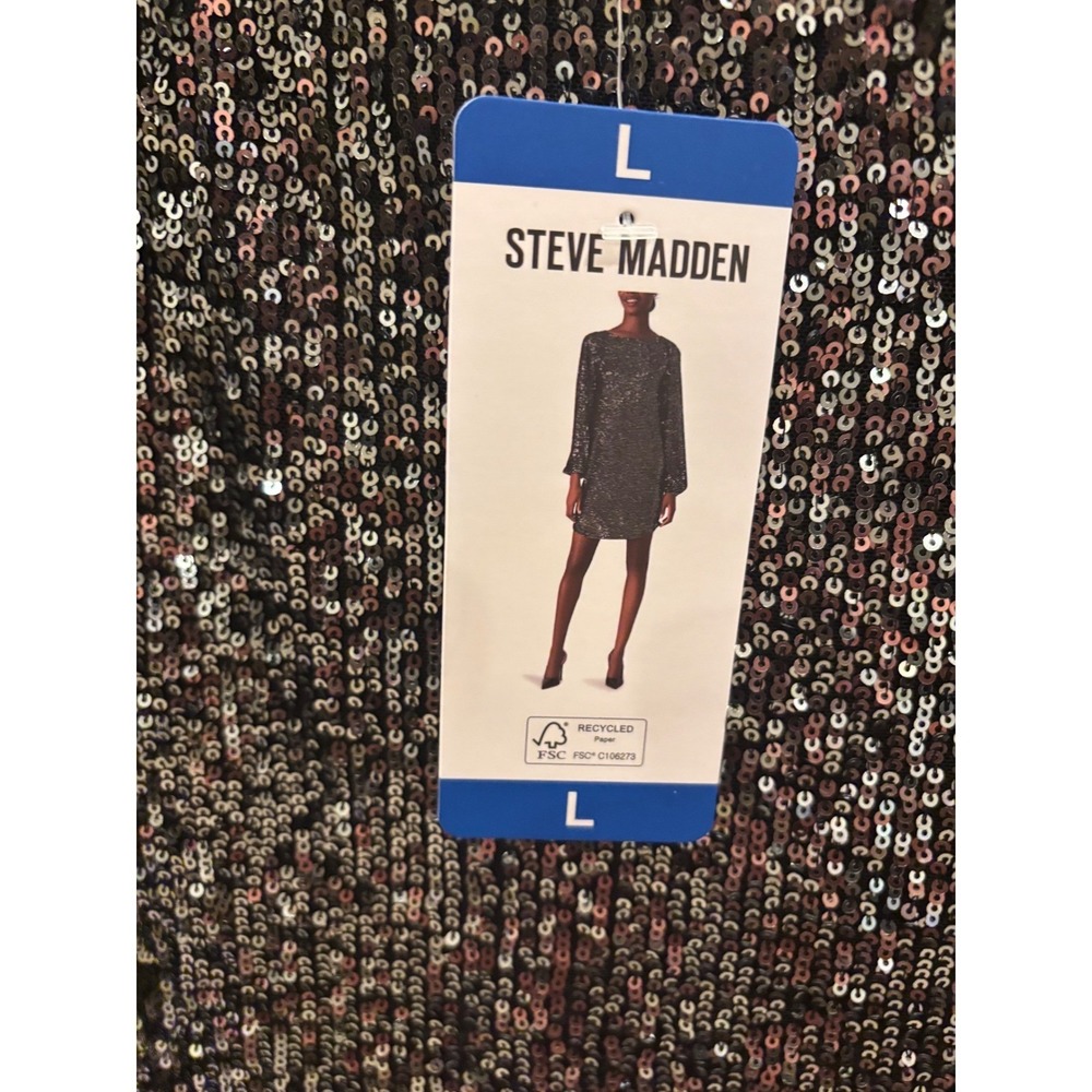 NWT Size Large Steve Madden Sequin Mini Shift Dress Womens Black New Long Sleeve - Picture 6 of 9